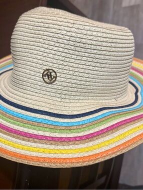 Beige Straw Sun Hat with colored striped Brim and Gold Logo Accent of  “AV”